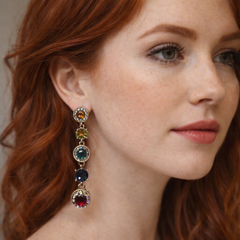 Colorful Crystal Drop Earrings | Gold Tone Statement Dangle | Vintage Glam